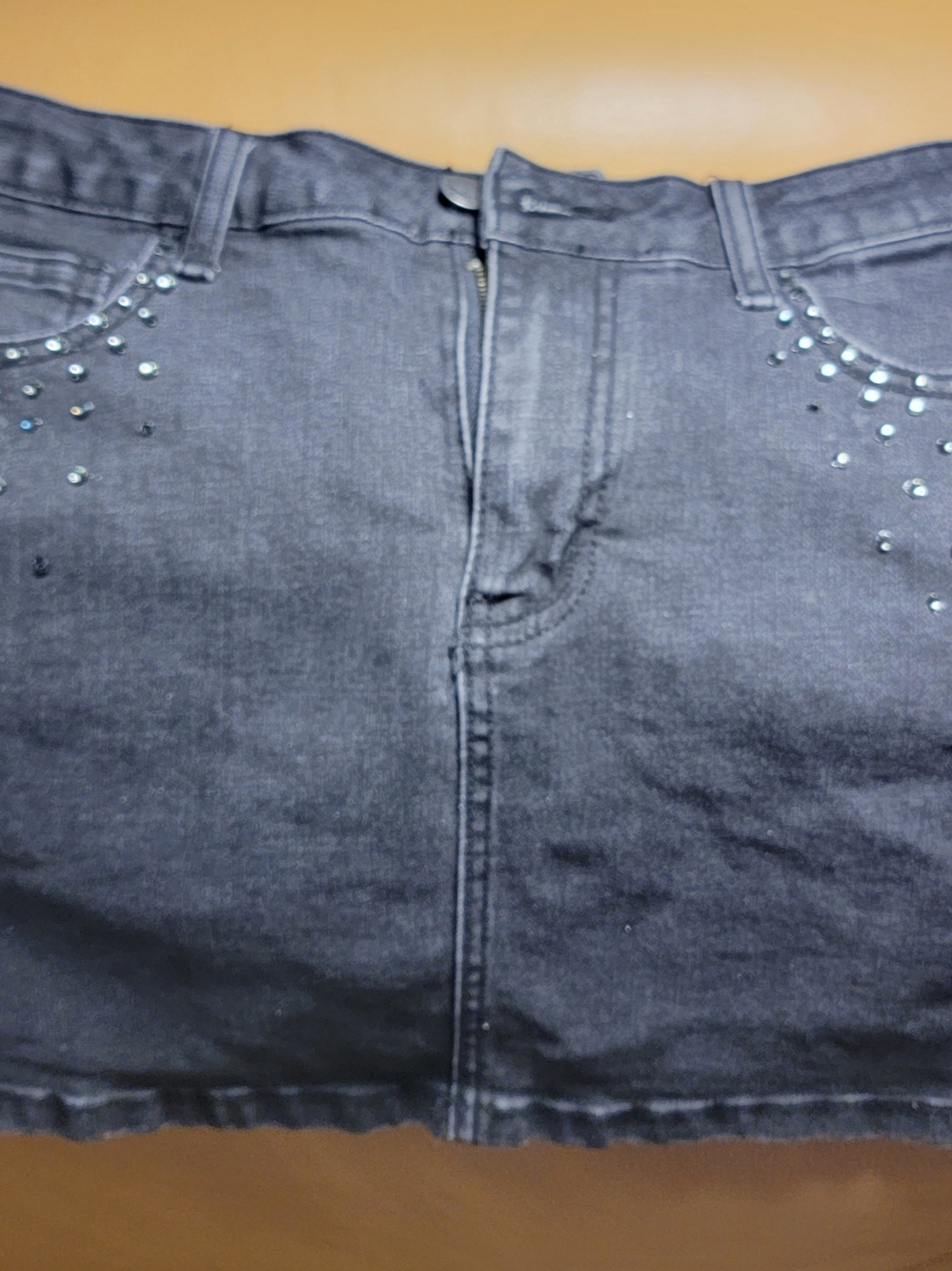 Women’s Black Denim Skirt with Black Diamond Rhinestoned Pockets Detail